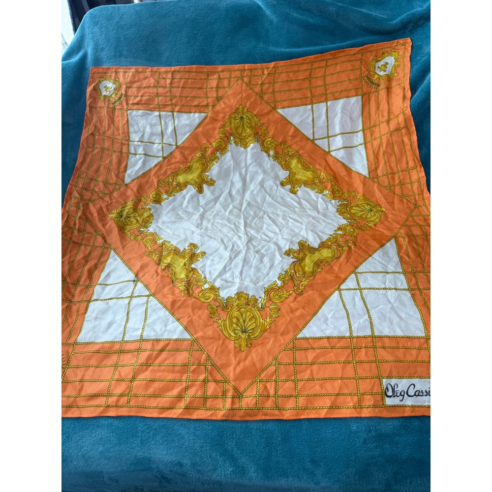 Oleg Cassini Vintage‎ Square Scarf Orange White Gold Baroque Crest Rope 30x30